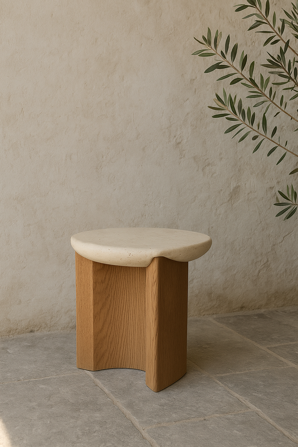 MOBELLA – Travertine & Solid Wood Side Table
