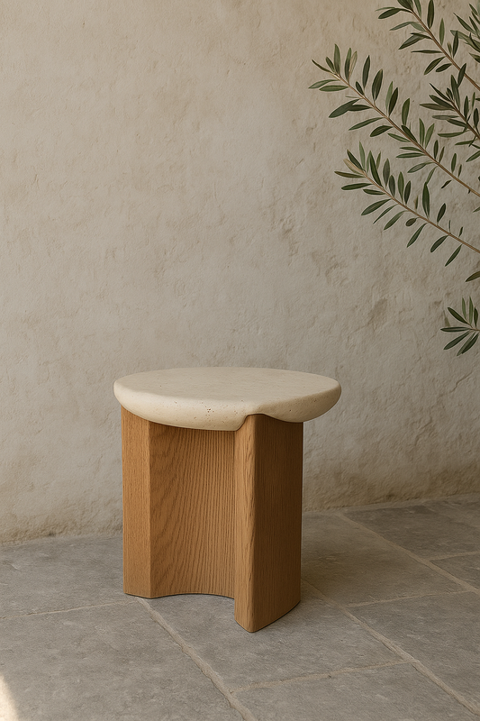 MOBELLA – Travertine & Solid Wood Side Table