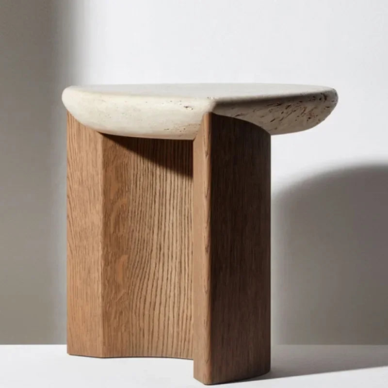 MOBELLA – Travertine & Solid Wood Side Table